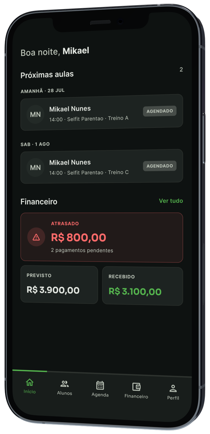Treinador Neo — tela da agenda semanal com eventos recorrentes
