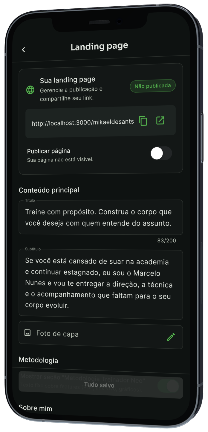 App editando a landing page e navegador com página pública
